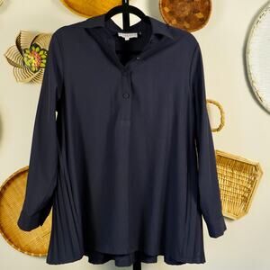 Diane Bailey Long Sleeve Front Button Back Pleats Tunic Top Navy Womens Sz Small